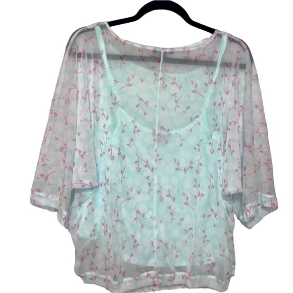 ALFANI Mint Green Floral Blouse Size XL Petite Sheer Short Sleeve Top Over Cami - Picture 4 of 10